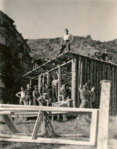 Building Trotter's Gorge Hut, 1951. From Philip Smithells papers, MS-1001/218, S13-559b, Hocken Collections, University of Otago