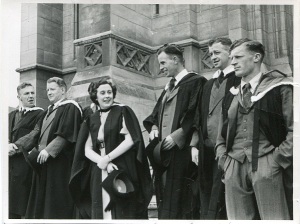 Dental graduates Peter Dodds, Bill Hunter, Elaine Harrison, Colin Martyn, Doug Lloyd & Colin Moore on the cathedral steps. They were capped at Otago's first December graduation in 1951. Photograph courtesy of Elaine Donaldson.