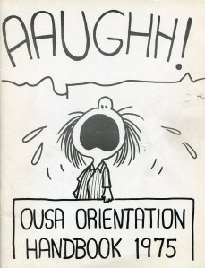 The cover of the 1975 OUSA Orientation Handbook featured Patty from the popular Peanuts cartoon.