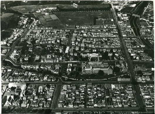 Aerial view of the main campus and surroundings in 1955, photographed by Bill Wilkinson. Image courtesy of Melville and Nancy Carr.