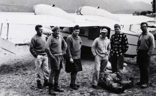 Botanists on a research trip to Secretary Island, Fiordland, in 1964. From left - Alan Mark, Geoff Baylis, George Scott, - Bliss, Peter Wardle, - Jacobs. Photograph courtesy of the Department of Botany.