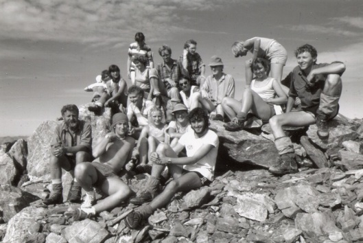 Prof Alan Mark (front left) and botany students on Mt Armstrong, in Mt Aspiring National Park, 1984. Michael Heads is at the back wearing a check shirt - do you recognise anybody else? Photograph courtesy of the Department of Botany.