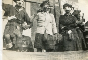 Procesh was generally a well-lubricated event. This late-1940s trio were on a float seeking "heftier handles for Highlanders". Photograph courtesy of Arthur Campbell.
