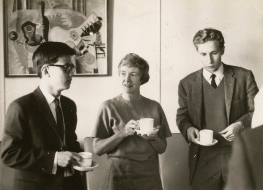 Oo Khaik Cheang, Philippa Wiggins and an unidentified person at a farewell morning tea for Oo in the Department of Biochemistry, c.1964. Photograph courtesy of the Hocken Collections, Department of Biochemistry records, MS-4113/009, S14.512b.