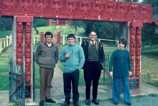 Anthropologists outside Otakou Marae in 1970. Left to right: Kevin Jones (postgraduate student), Foss Leach (assistant lecturer), Edmund Leach (visitor to the department, a distinguished anthropologist from Cambridge University), Sally Mirams (student). Photograph courtesy of Helen Leach and the Department of Anthropology and Archaeology.