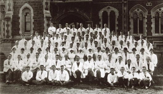 Dental School staff and students in 1922 or 1923. Ian Chirnside is the young boy third from the right in the front. He had been sent away to exchange his usual brown jacket for a white one, so he wouldn't spoil the photo! Photograph courtesy of Ian Chirnside and Annabel Rayner.
