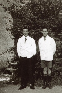 Ian Chirnside, aged 16 (left), and his brother Alan, aged 14, as technicians at the Dental School. Photograph courtesy of Ian Chirnside and Annabel Rayner.