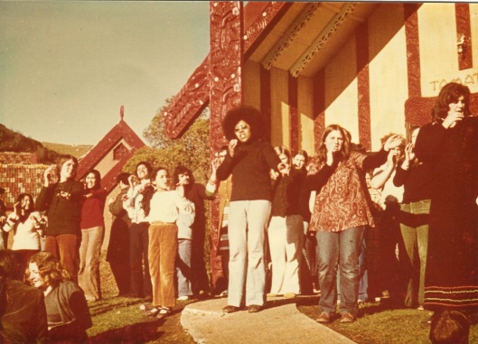 Otago University Maori Club at Otakou Marae in the mid-1970s. Photograph courtesy of Mere Montgomery (who is pictured at the centre, in dark glasses).