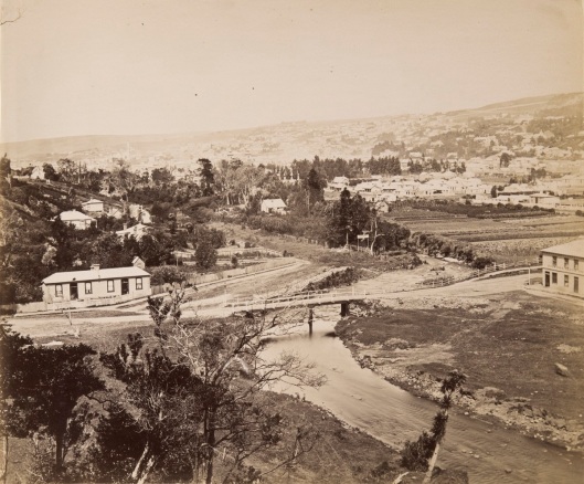 This J.W. Allen photograph looking down on the corner of Dundas and Leith streets was probably taken in the mid-1870s, before the university moved to its current site. The Tilbury family home is at front left, and part of the Scotia Hotel is visible at front right. AT the centre, int he middle distance is the cottage and market garden of James Gebbie. Image courtesy of the Hocken Collections, Album 68, S14-433.