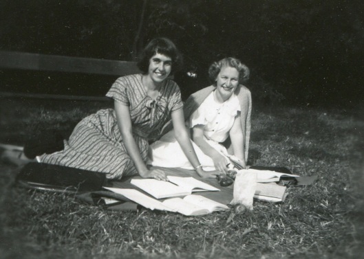 Home science students Nona Collis and Sadie swotting in the Studholme gardens, 1950. Image courtesy of Sadie Andrews.