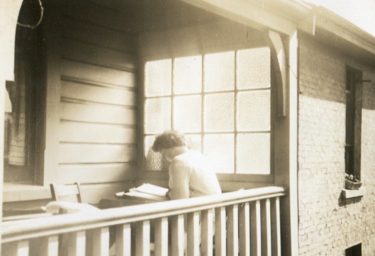 Sadie hits the books on the verandah of Lower Studholme (where Unicol is today), 1951. Image courtesy of Sadie Andrews.