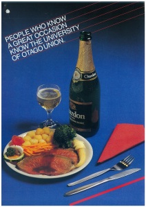 The cover of a 1988 brochure advertising the Union's function services. The image of sophisticated eating is somewhat ruined by the presence of the cheap bubbly Chardon! Image courtesy of the Hocken Collections, OUSA archives, MS-4240/294.
