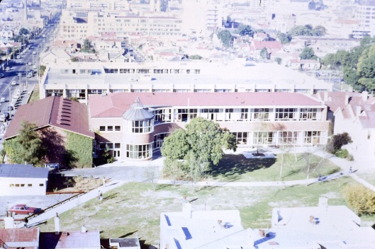 Looking down on the Union Building around 1973. The top floor, added in 1969, allowed the addition of the 'superior' Terrace Dining Room. Image courtesy of Arthur Campbell.