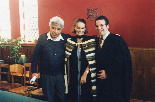 Poet Hone Tuwhare, awarded an honorary doctorate, with young graduates Rachel Potae (medicine) and Craig Campbell (dentistry) at the Maori Centre's pre-graduation celebration, December 1998. Image courtesy of the Maori Centre.
