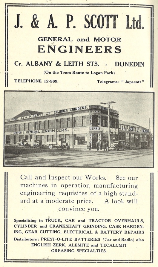 A 1920s advertisement for engineering firm J & AP Scott, which manufactured munitions during World War II. The university later took over the building. Image courtesy of Hocken Collections, from the Otago Motor Club Yearbook 1927-8, Automobile Association Otago records, 95-056 Box 97.