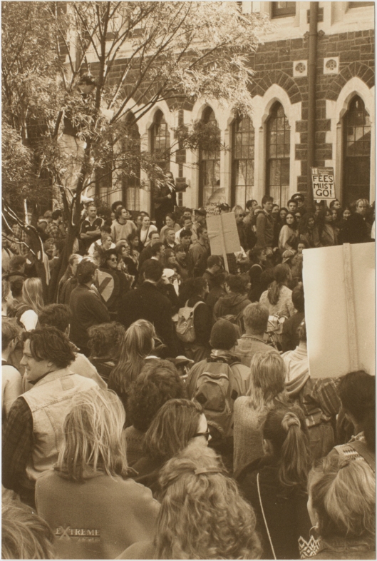 Another photograph of the Otago student protest against rising fees, 28 September 1993. Image courtesy of the Hocken Collections, OUSA archives, AG-540/011, S15-500a.